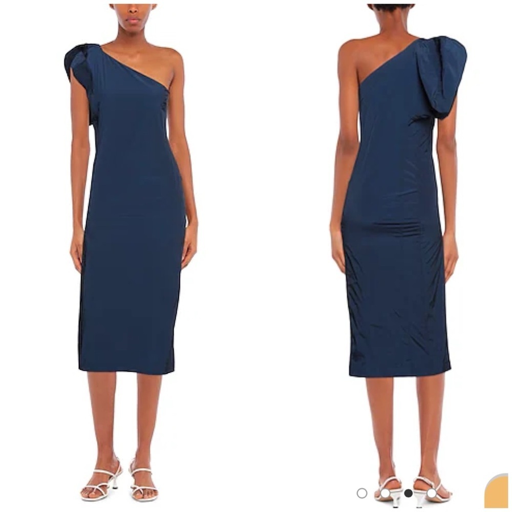 NWT Johanna Parv Waterproof Nylon Puff One Shoulder Midi Dress Navy Blue Sz S